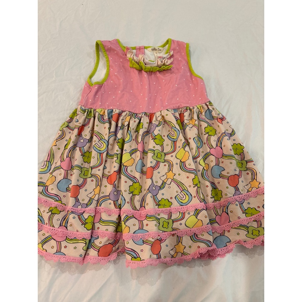Matilda Jane Girls Pink Polka Dot Rainbow Clover Ruffle Dress Size 14Y